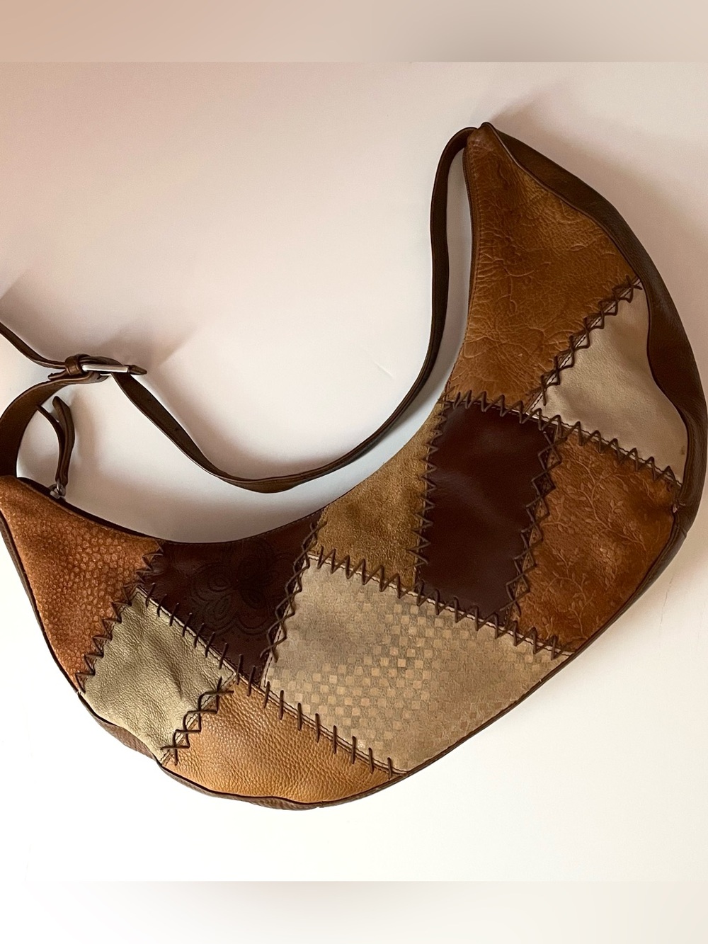 RARE Vintage Stone Mountain Patchwork Leather Crescent Hobo Bag Sample